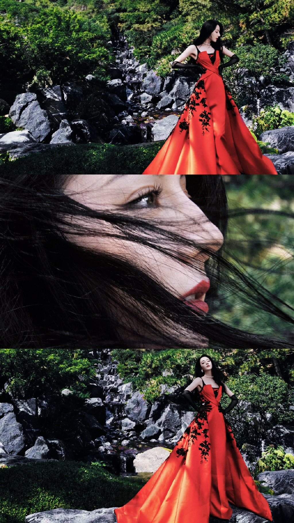 红裙的迪丽热巴美疯了，仿佛是在山水之间盛放的玫瑰！