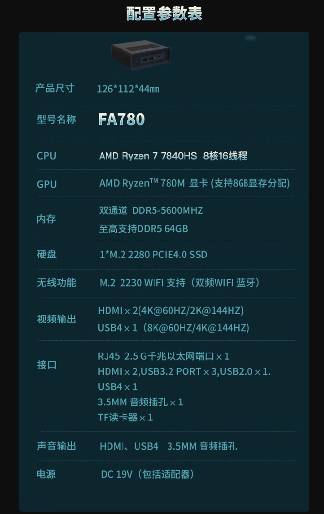 R7-7840HS、USB4+2.5G网口：FEVM 推出新款 FA780 迷你主机