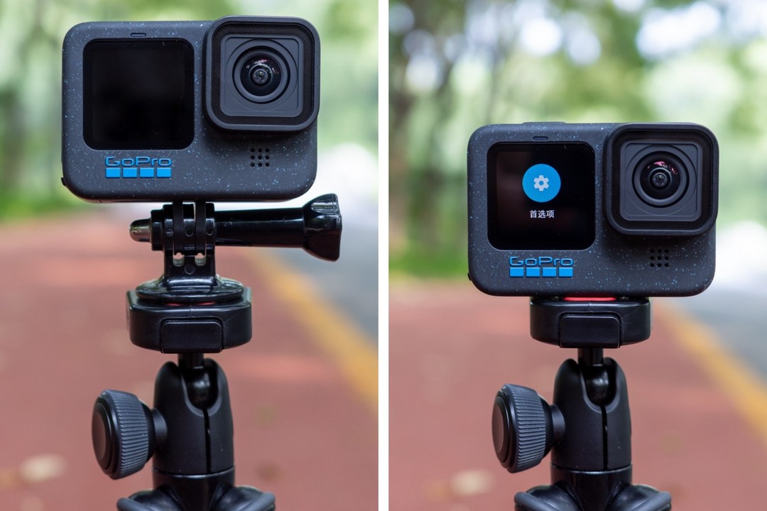 左：搭配GoPro通用接口转接传统云台；右：直接使用1/4英寸螺口安装传统云台