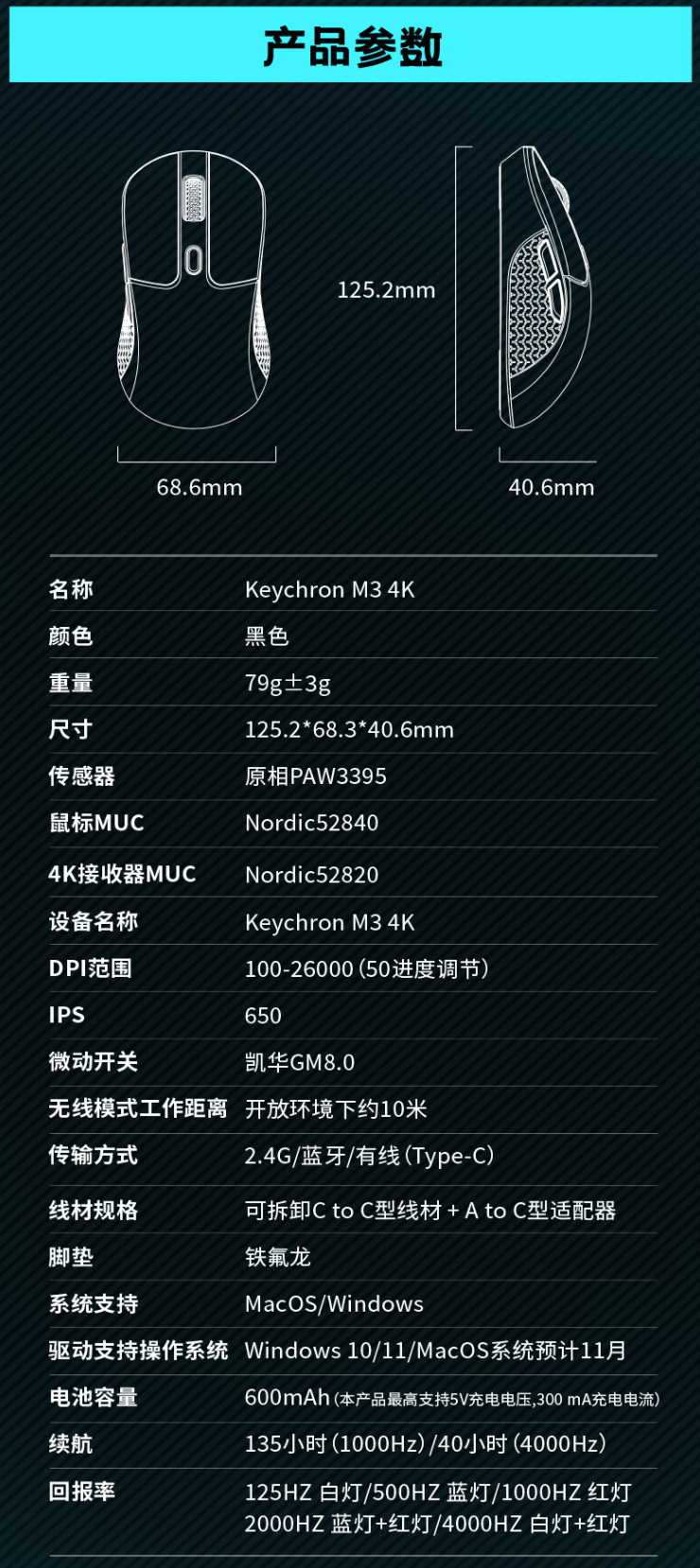 Keychron 推出 M3 4K 三模无线鼠标：原相 PAW3395、Nordic主控+600mAh电池